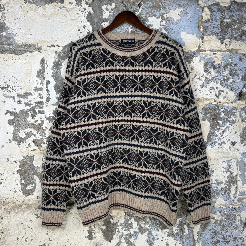 Vintage Jantzen Wool Sweater Mens XL Tan Fair Isle Snowflake Crewneck Nordic